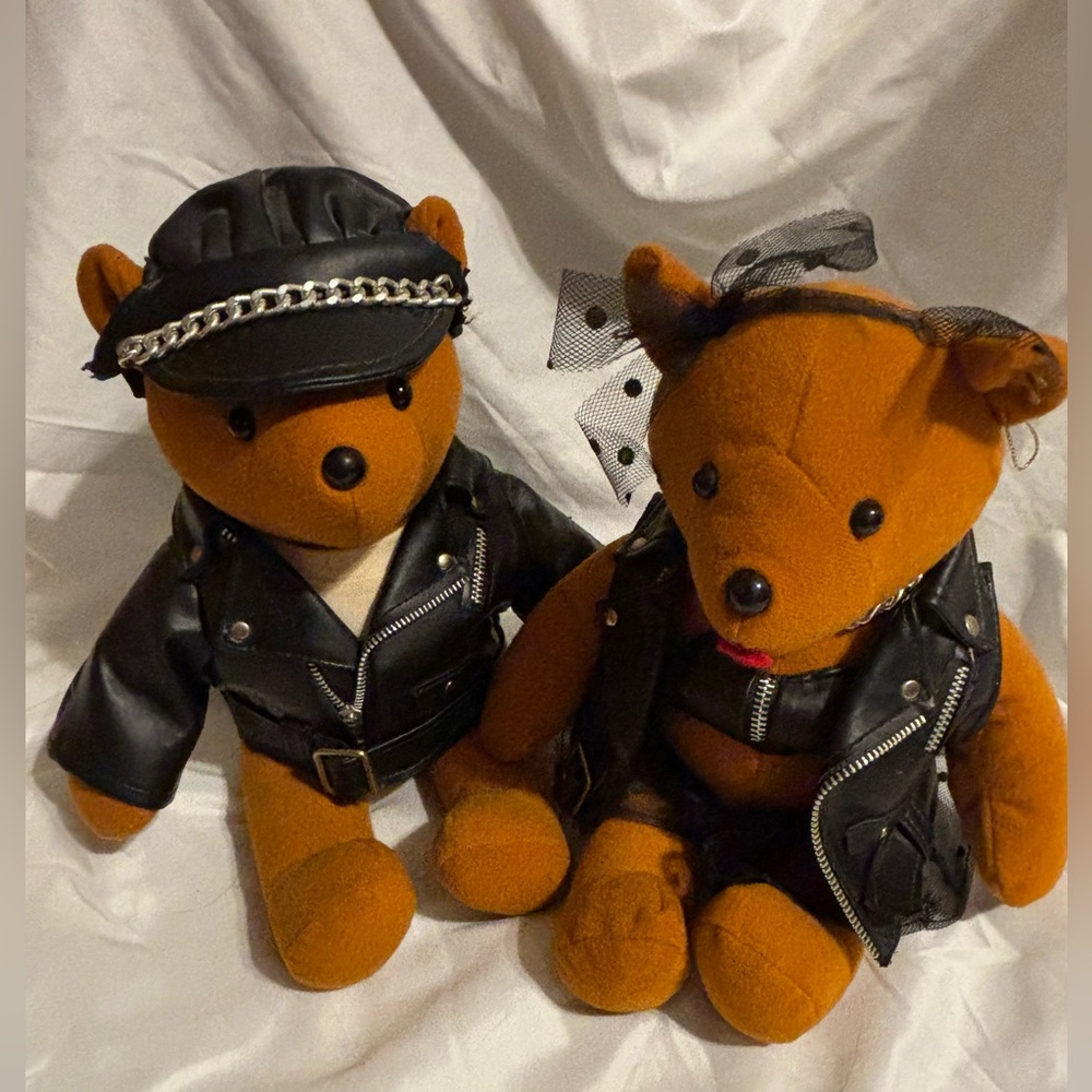 Brown Teddy Bears Ted and Toots in Black Faux Leather Motorcycle Outfits